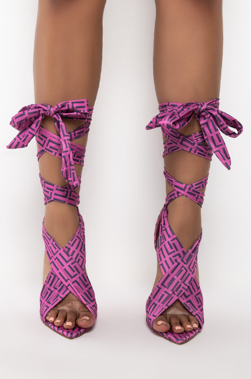 LAURENT-46 STRAP UP PRINTED STILETTO SANDAL IN PINK