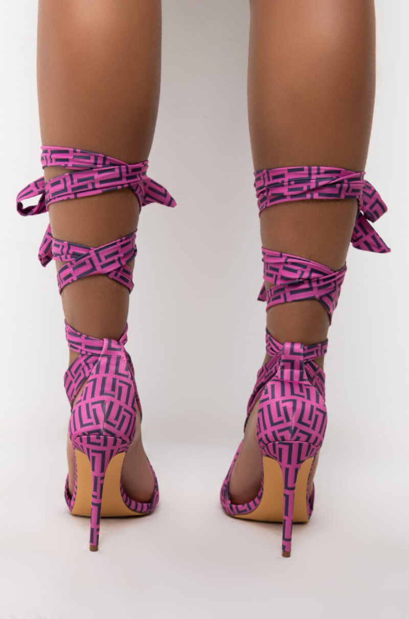 LAURENT-46 STRAP UP PRINTED STILETTO SANDAL IN PINK