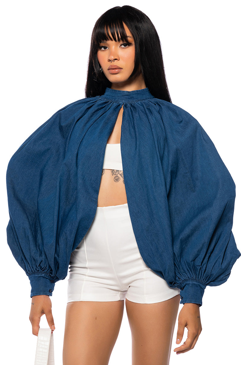 LEAH RUCHED DENIM MOCK NECK TOP