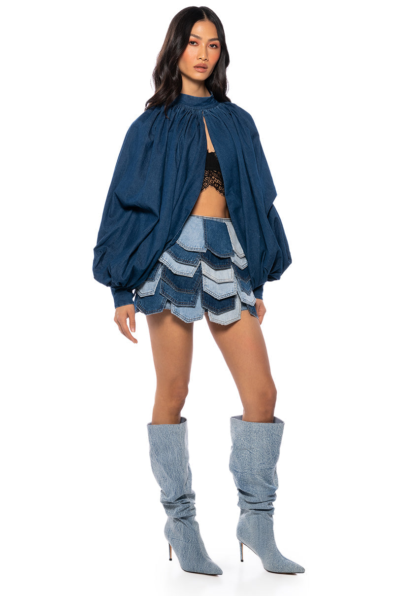 LEAH RUCHED DENIM MOCK NECK TOP