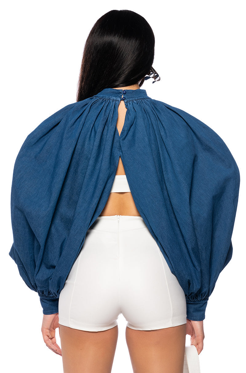 LEAH RUCHED DENIM MOCK NECK TOP