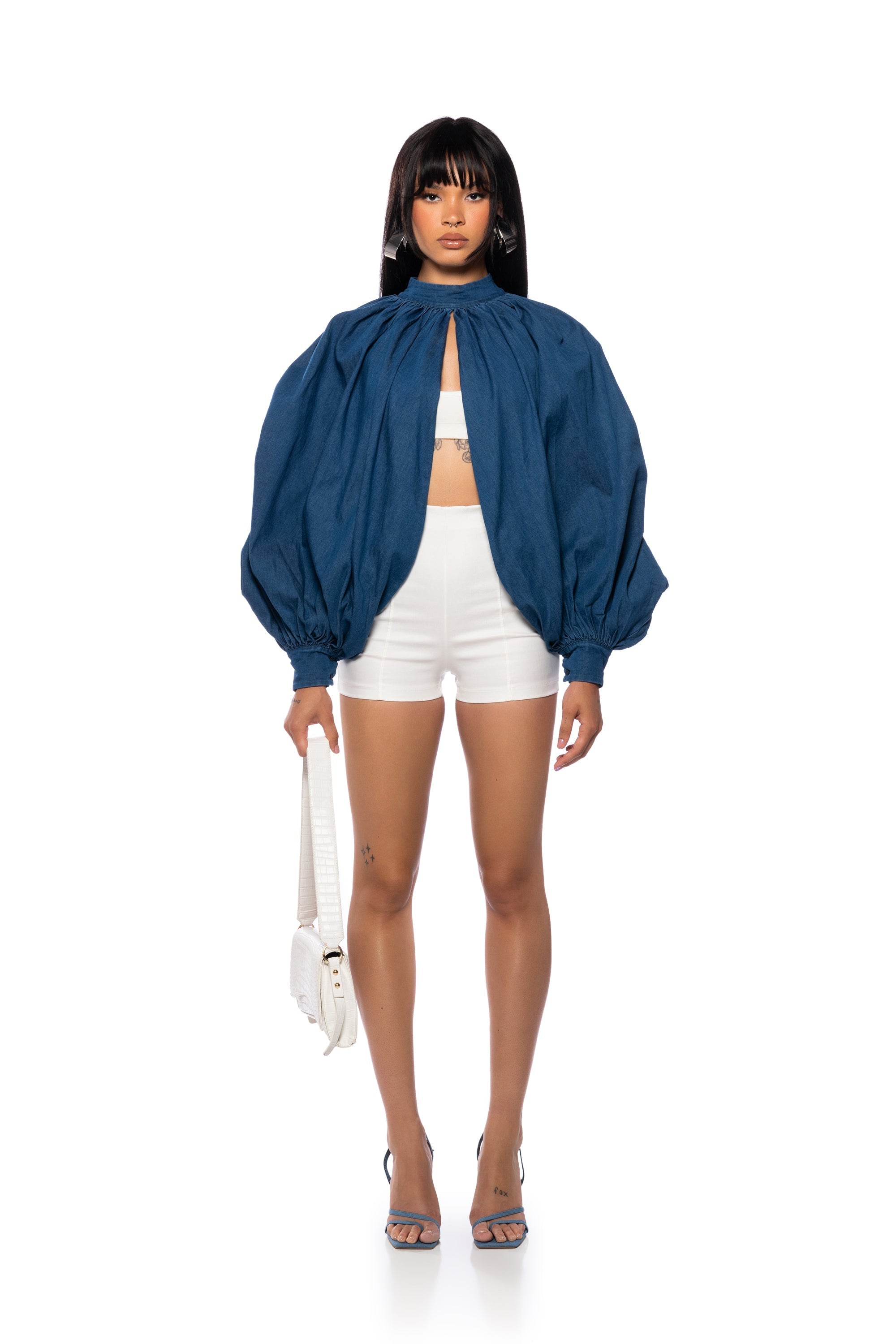 LEAH RUCHED DENIM MOCK NECK TOP