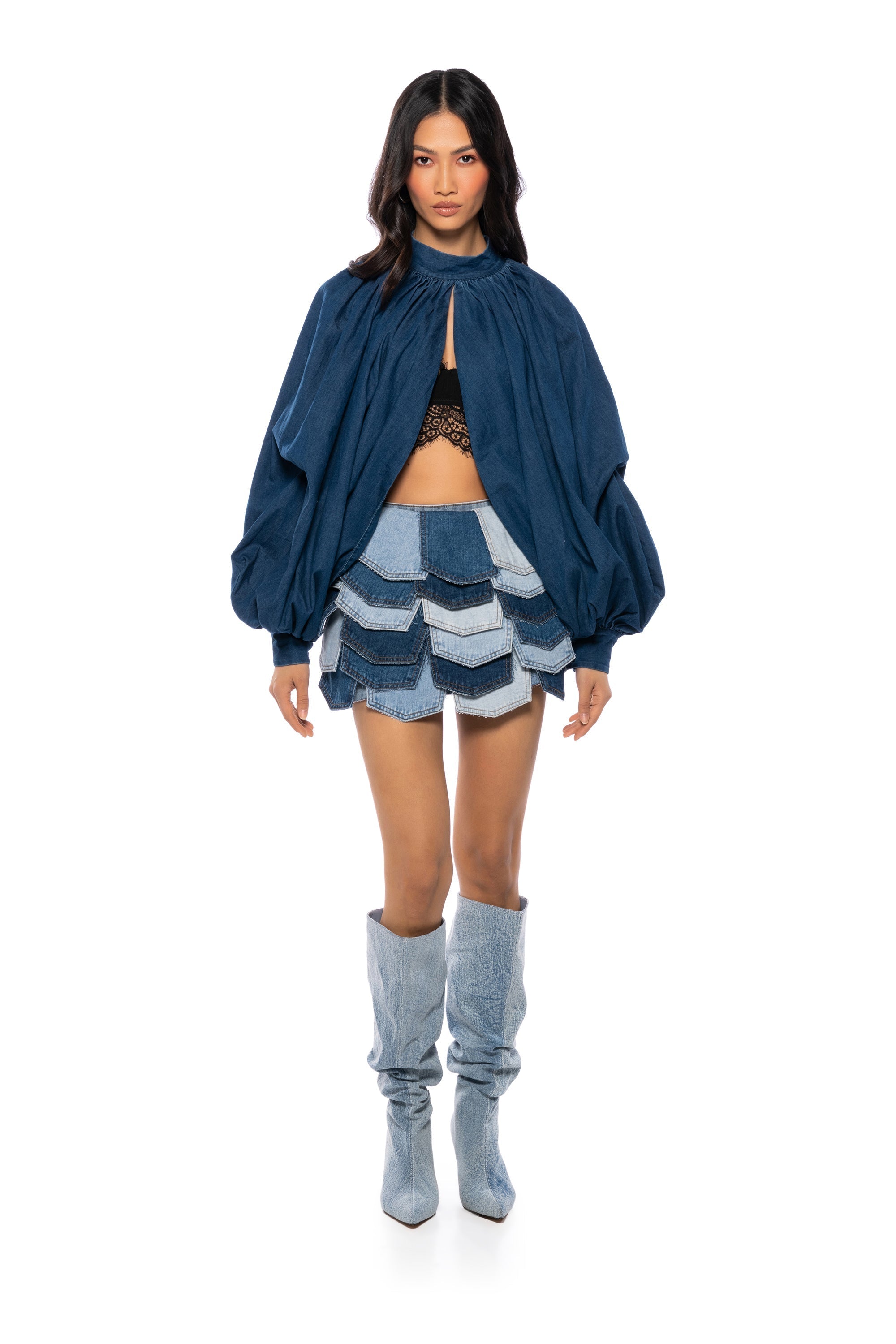 LEAH RUCHED DENIM MOCK NECK TOP