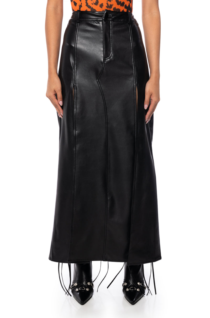 LEVEL UP MAXI FAUX LEATHER SKIRT WITH FRONT SLITS