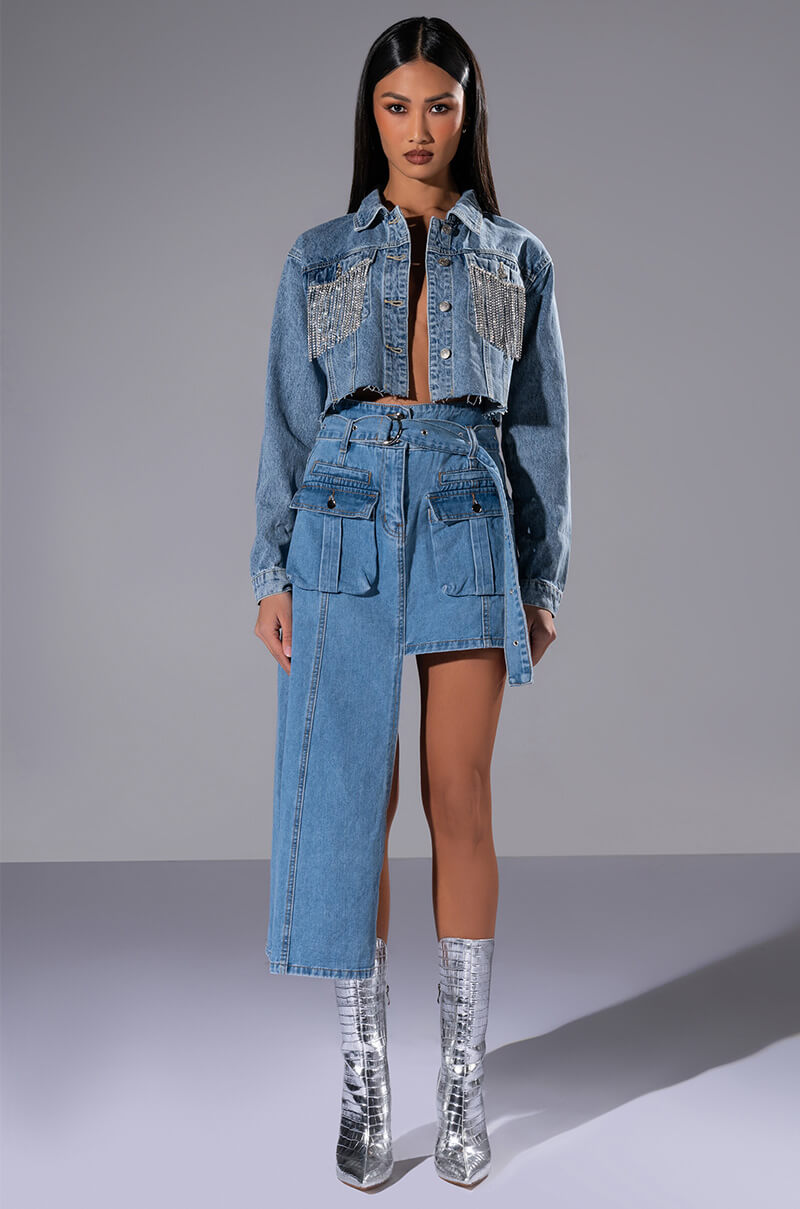 OWN VIBE ABSTRACT CUT DENIM SKIRT