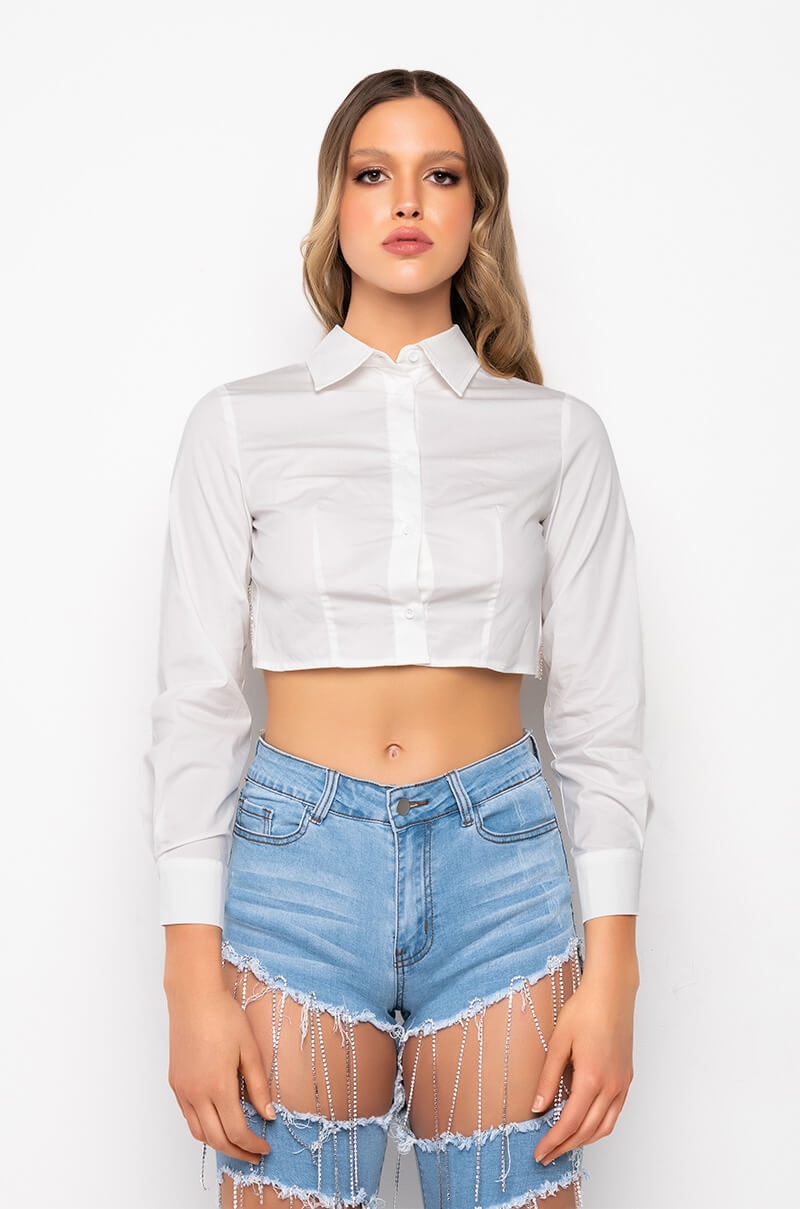 LIL BIT OF BLING CROPPED OPEN BACK POPLIN BLOUSE