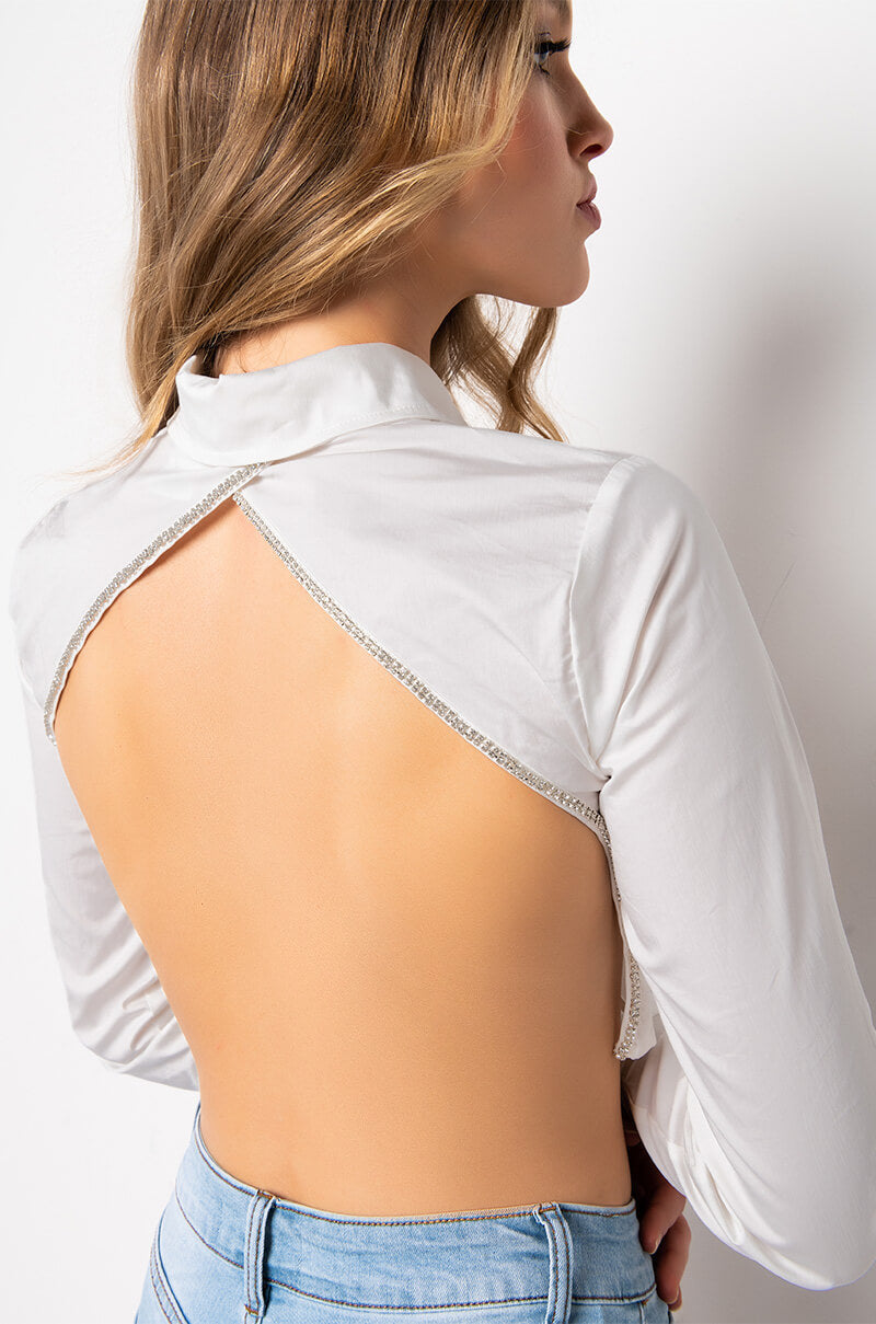 LIL BIT OF BLING CROPPED OPEN BACK POPLIN BLOUSE