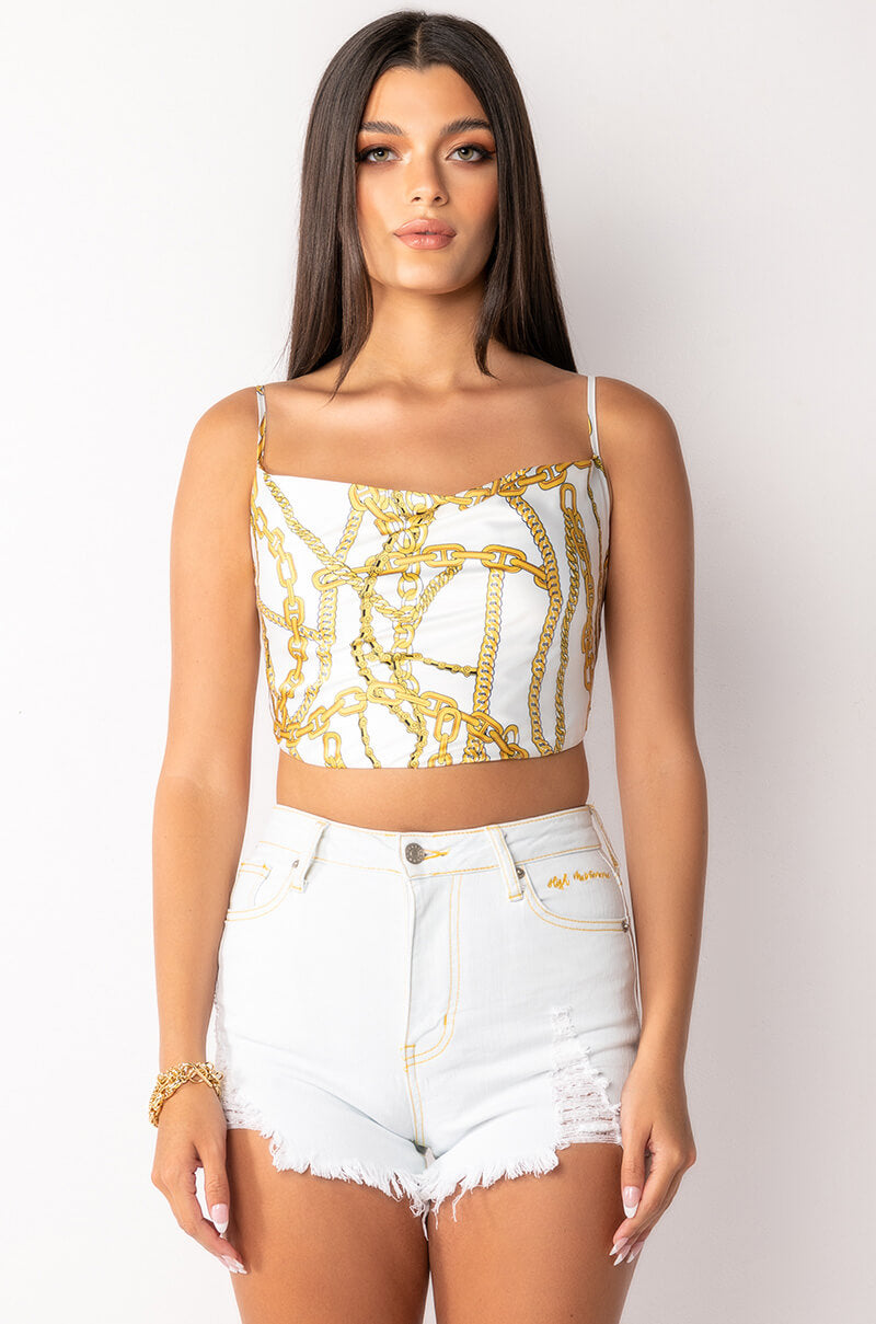 LINK UP SLEEVELESS CROPPED SATIN COWL NECK