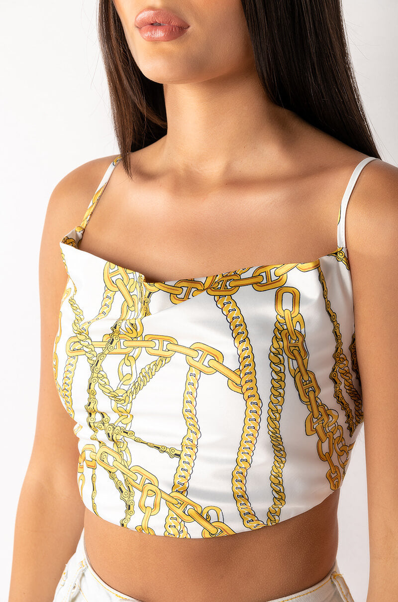 LINK UP SLEEVELESS CROPPED SATIN COWL NECK