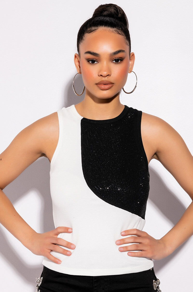 LITTLE SOMETHING EXTRA RHINESTONE CREW NECK RIBBED TANK