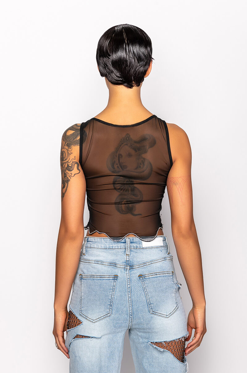 LIVE FAST RHINESTONE TRIM MESH TANK