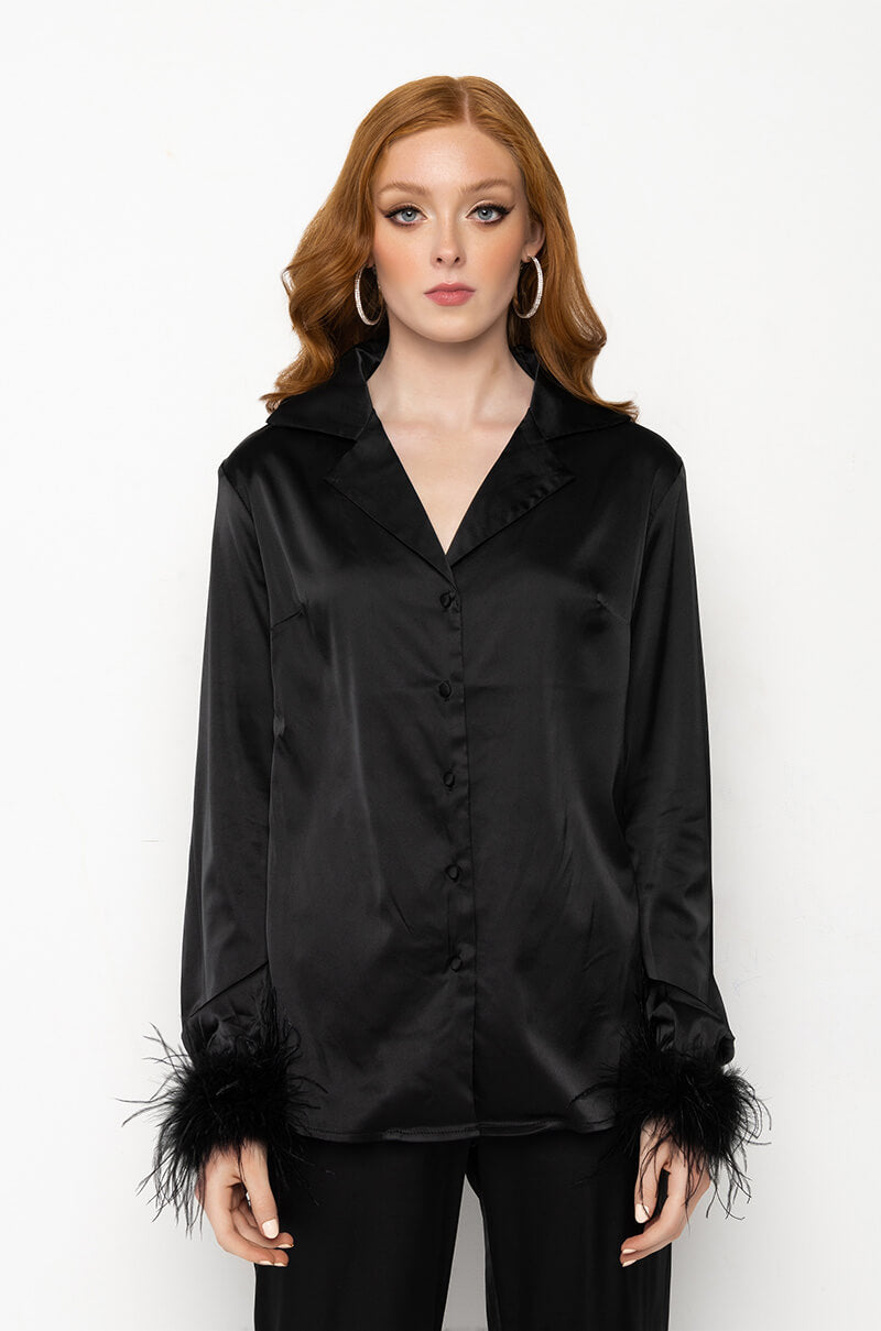 LOLA FEATHER CUFF SATIN BLOUSE