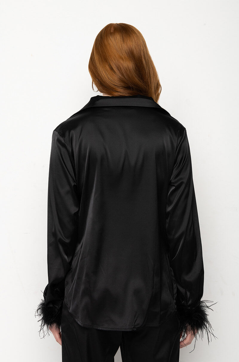 LOLA FEATHER CUFF SATIN BLOUSE