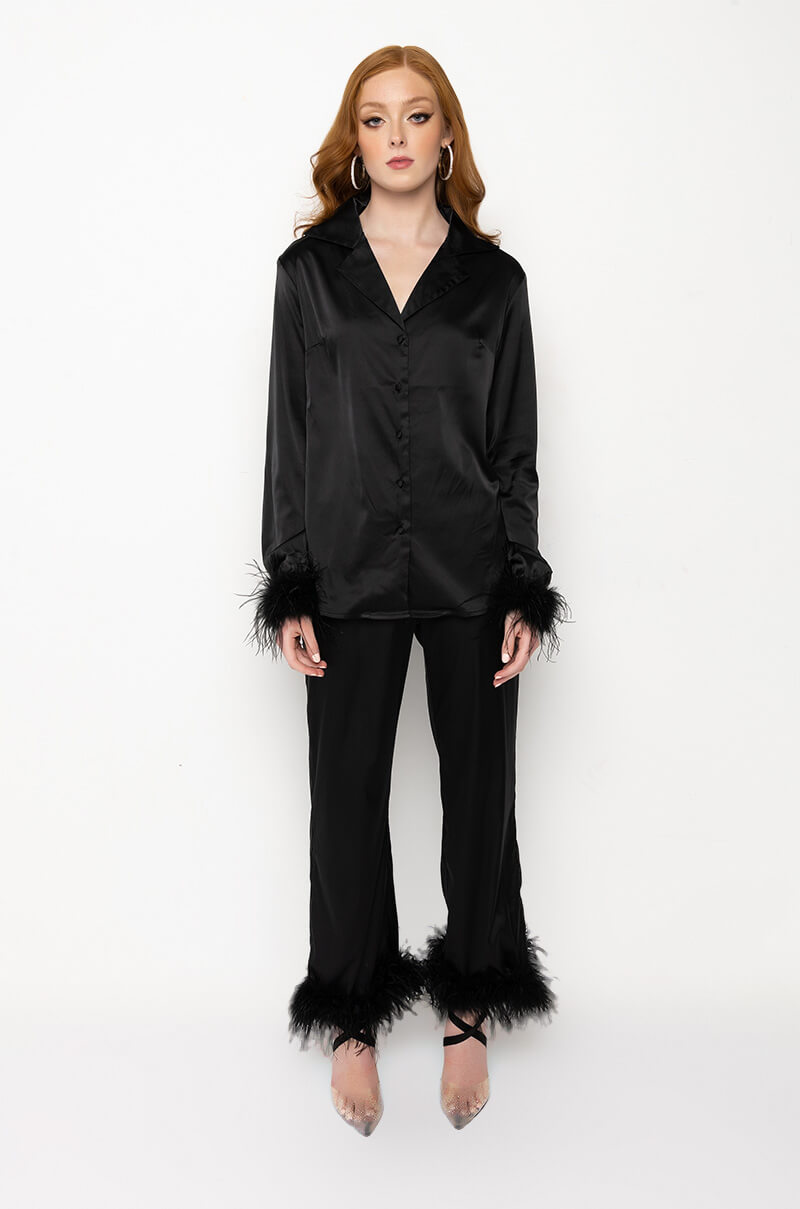 LOLA FEATHER CUFF SATIN BLOUSE