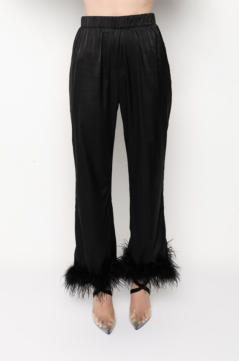 LOLA FEATHER DETAIL SATIN PANT