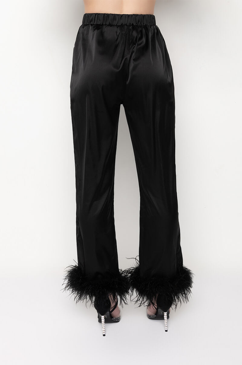 LOLA FEATHER DETAIL SATIN PANT