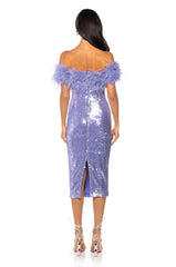 LOLO FEATHER DETAIL SEQUIN MAXI DRESS IN PURPLE