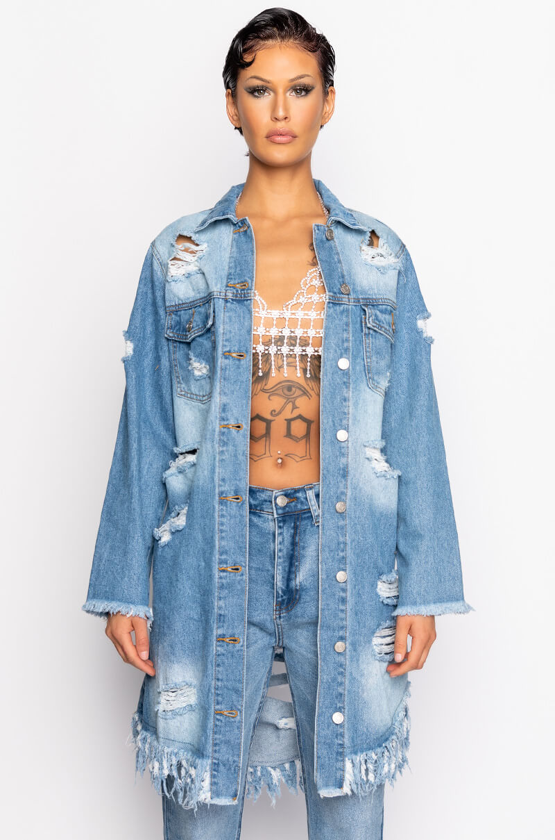 LONG DENIM JACKET WITH DISTRESSING