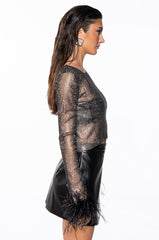 LONG SLEEVE FEATHER CUFF RHINESTONE TOP