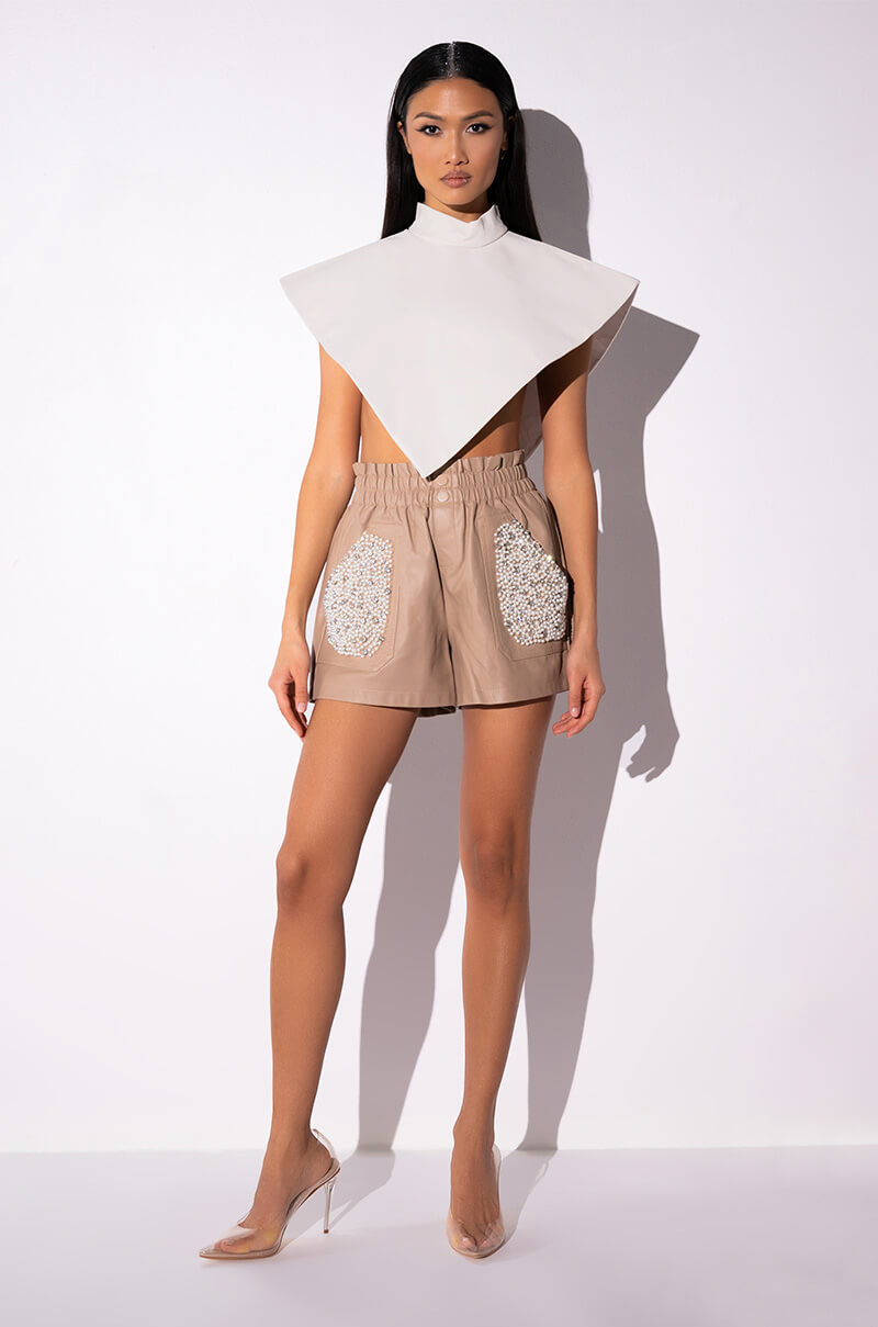 LORIE PEARL EMBELLISHED FAUX LEATHER SHORTS