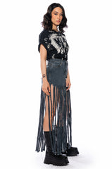 LOST AT SEA FRINGE DENIM MAXI SKIRT