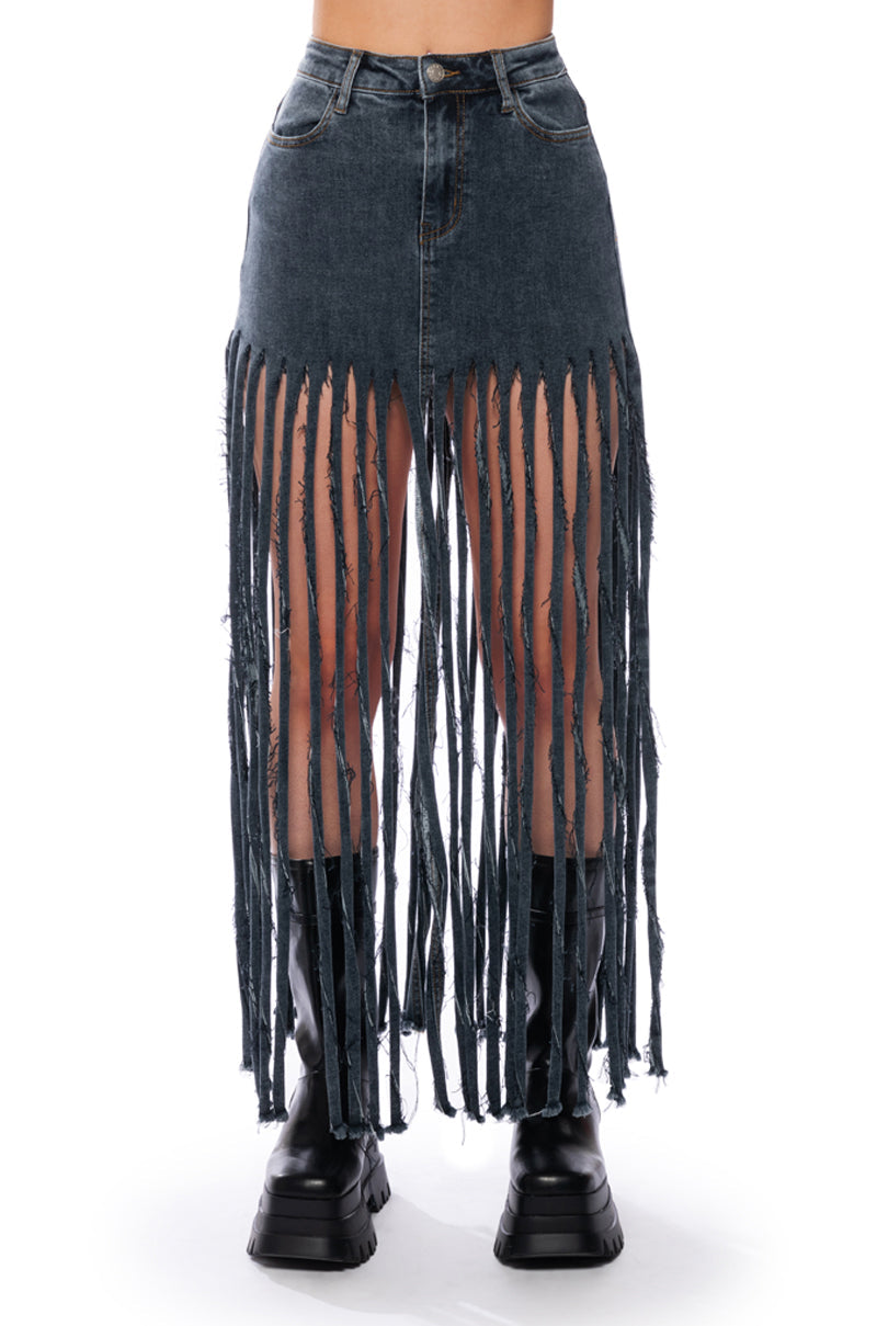 LOST AT SEA FRINGE DENIM MAXI SKIRT