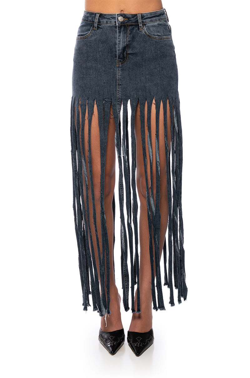 LOST AT SEA FRINGE DENIM MAXI SKIRT