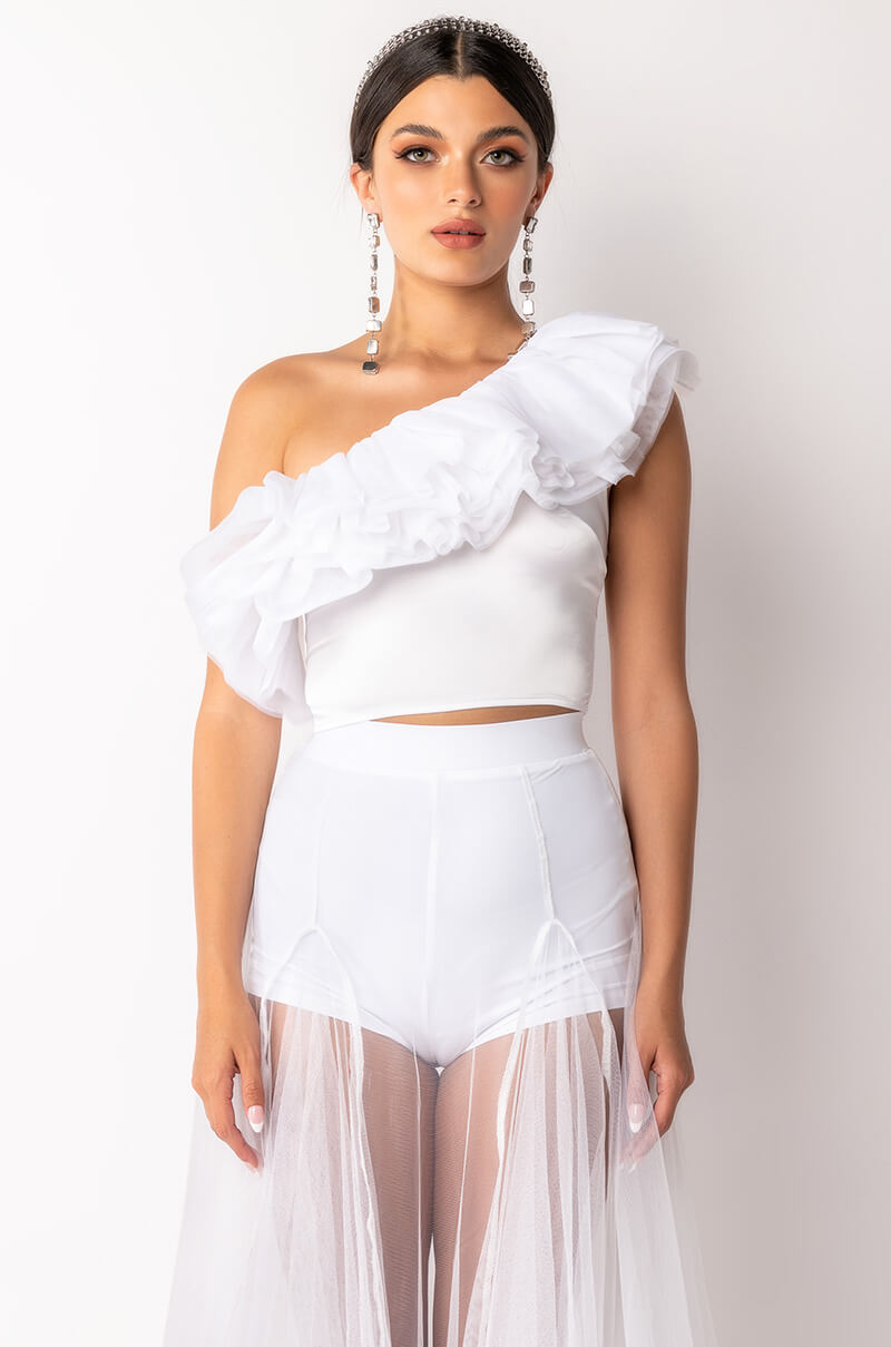 LILA ONE SHOULDER RUFFLED CROP TOP