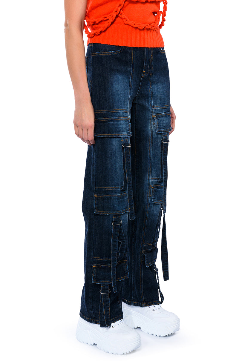 LOVER FOR LIFE BUCKLE DETAILED DENIM CARGOS