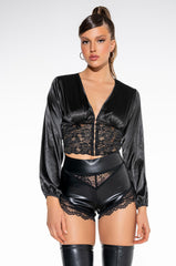 LOVER GIRL LACE DETAIL CROPPED SATIN BLOUSE
