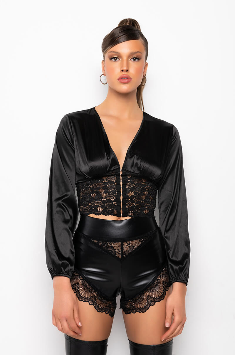 LOVER GIRL LACE DETAIL CROPPED SATIN BLOUSE