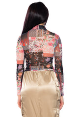 MABLE FLORAL PRINT MESH TURTLENECK TOP