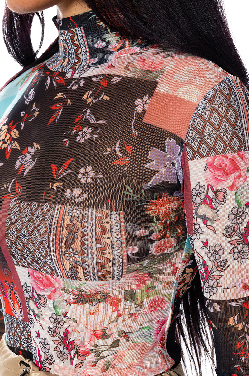 MABLE FLORAL PRINT MESH TURTLENECK TOP