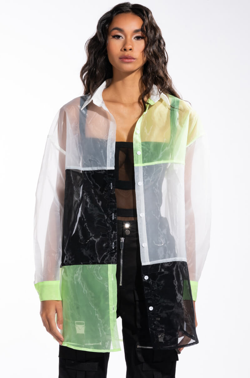 MADE YOU LOOK COLORBLOCK LONG SLEEVE ORGANZA BUTTON DOWN