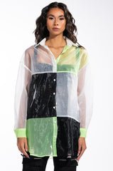 MADE YOU LOOK COLORBLOCK LONG SLEEVE ORGANZA BUTTON DOWN