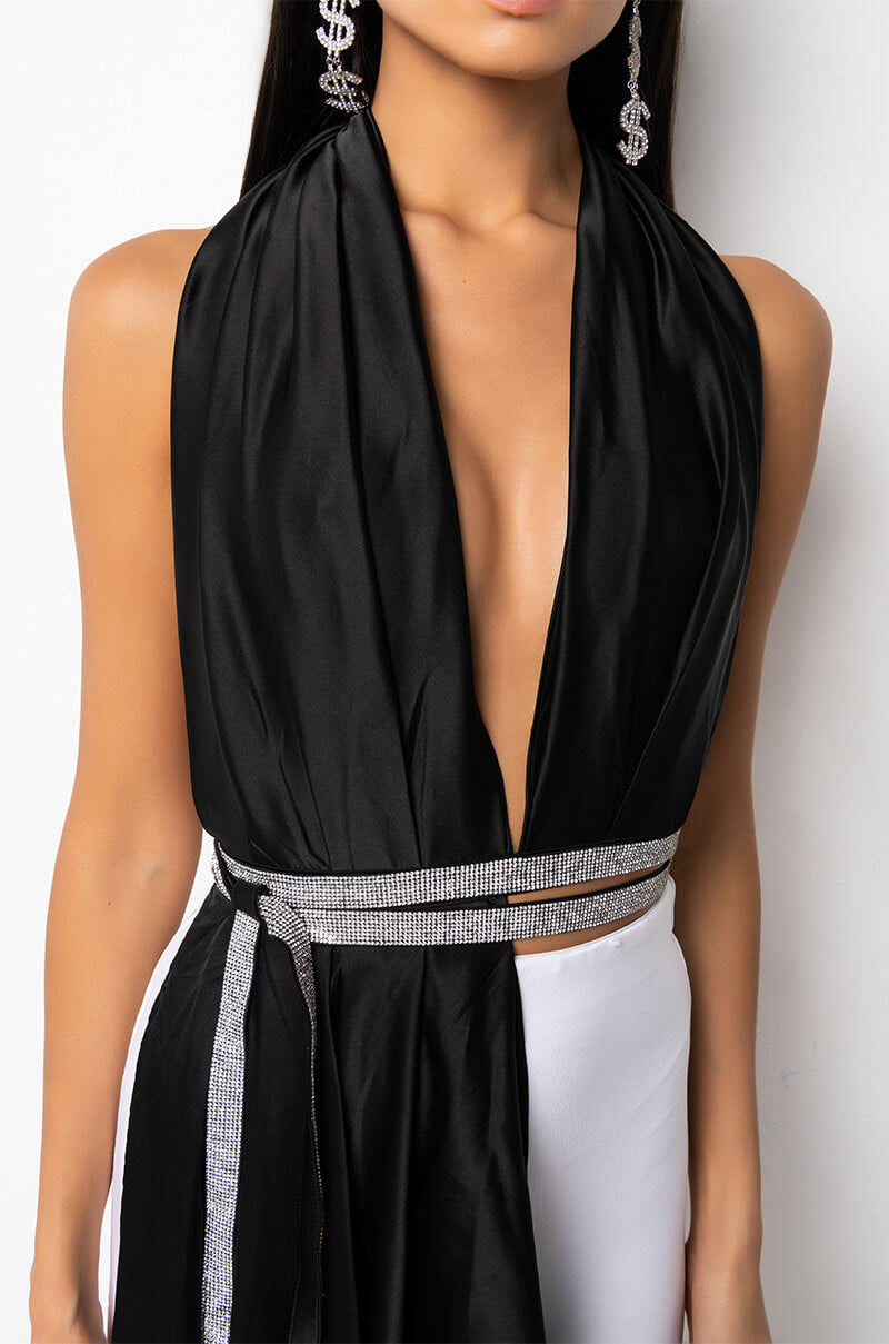 MADE YOU LOOK CONVERTIBLE RHINESTONE DETAIL SATIN BLOUSE