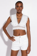 MAIN SQUEEZE DEEP V SLEEVELESS CROCHET BLOUSE