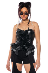 MAKE A MOVIE FAUX LEATHER RUFFLE TUBE TOP