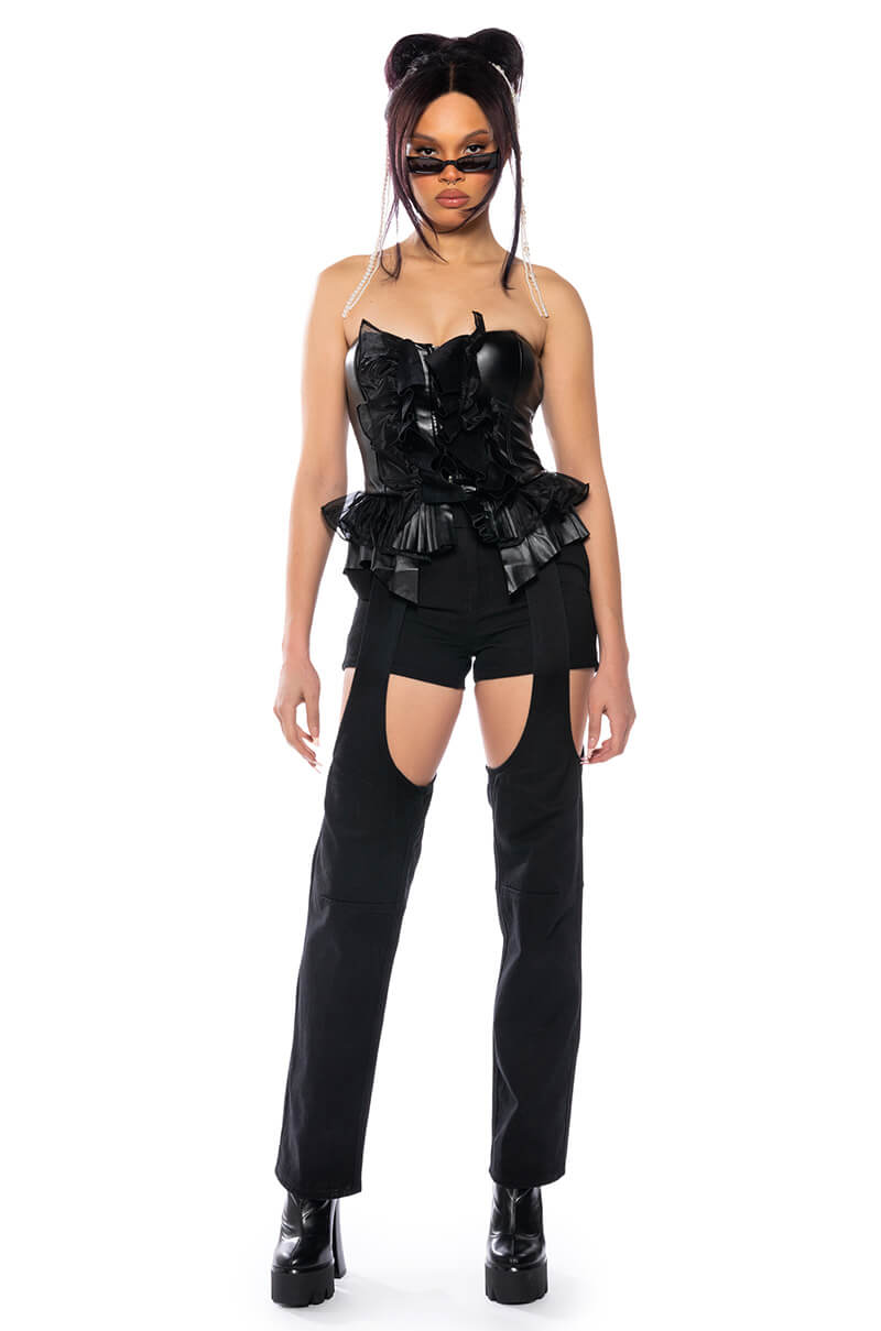 MAKE A MOVIE FAUX LEATHER RUFFLE TUBE TOP