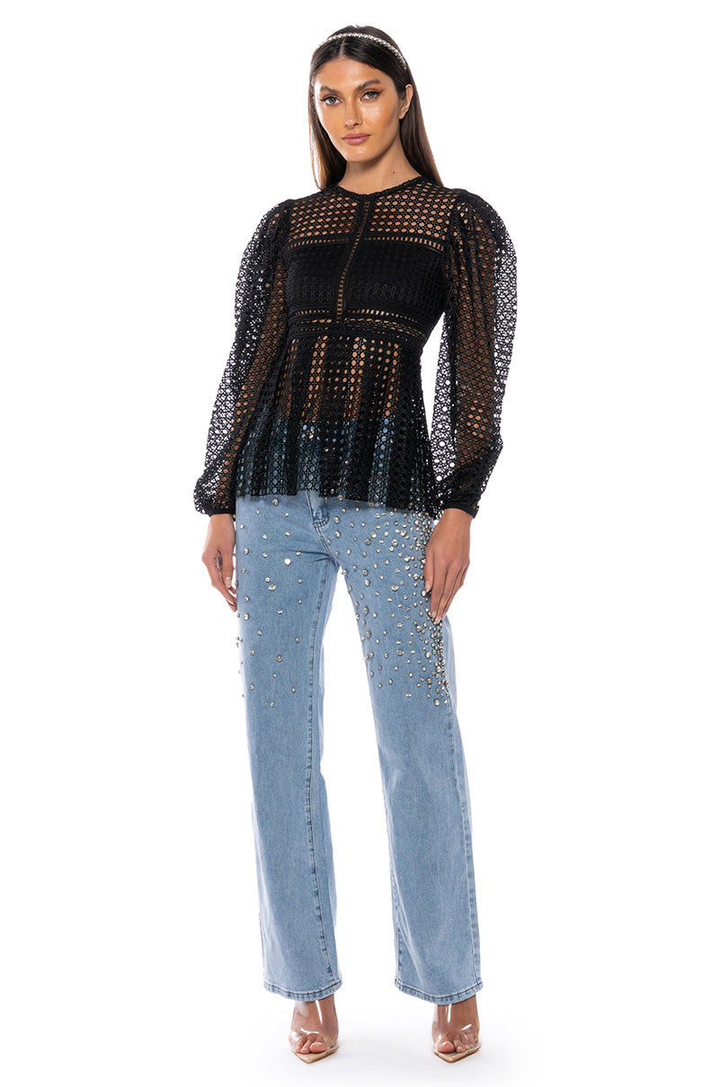 MAKE THE WORLD YOURS PEPLUM FITTED LONG SLEEVE BLOUSE