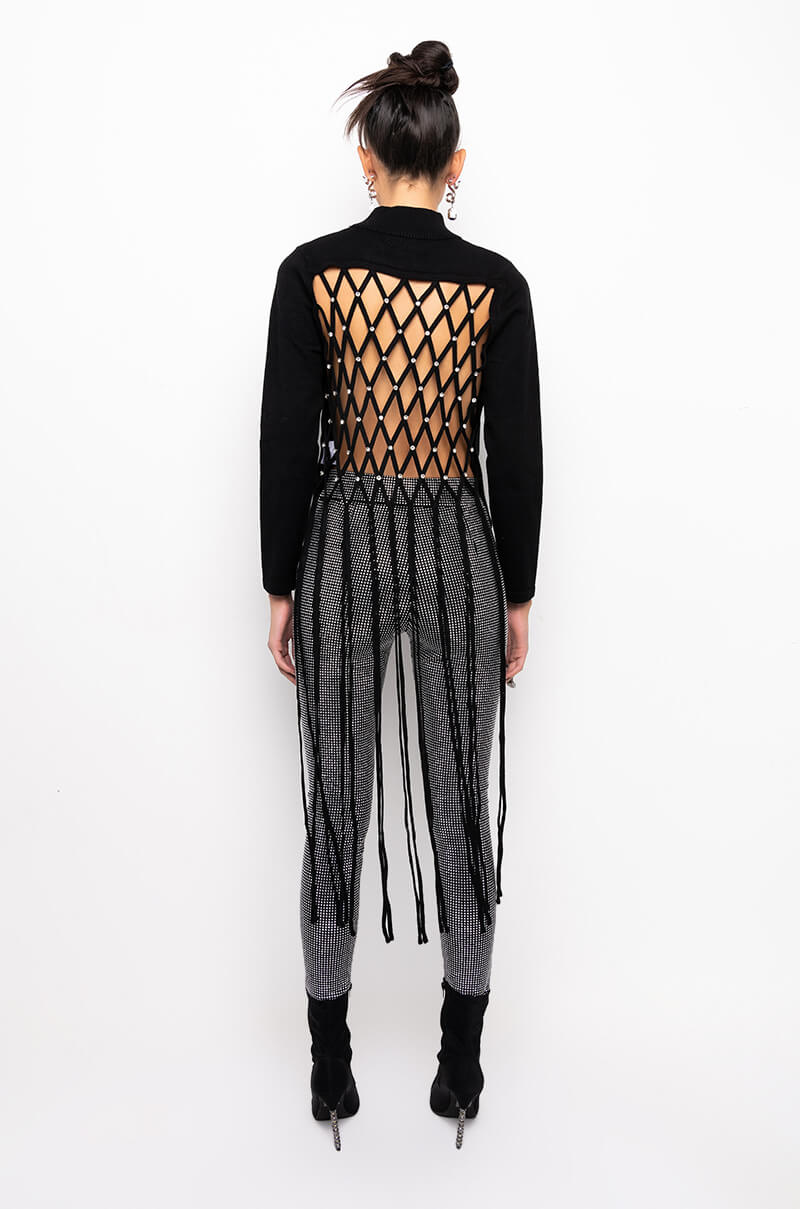 MAKE YOU MINE OPEN BACK RHINESTONE NET SWEATER