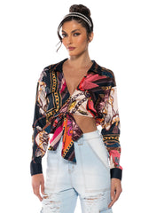 MALIBLUE PRINTED TIE FRONT BLOUSE