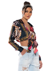 MALIBLUE PRINTED TIE FRONT BLOUSE