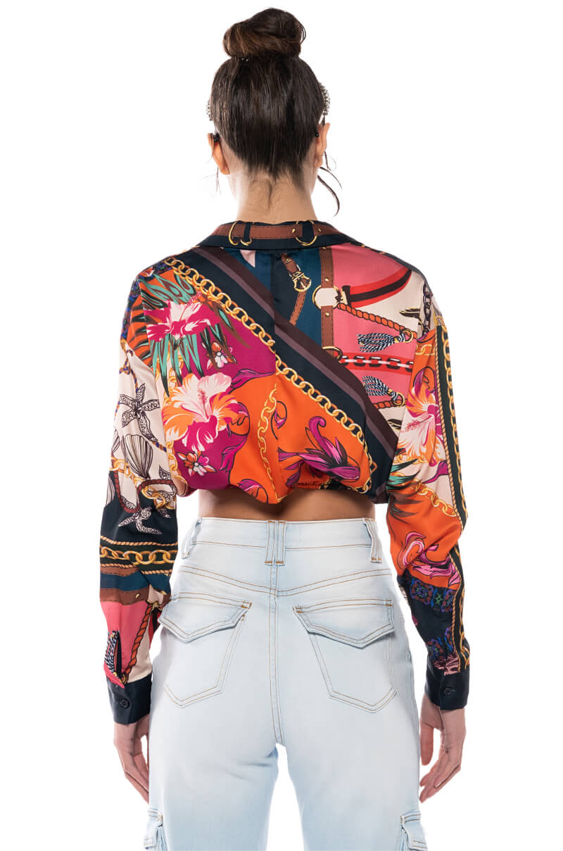 MALIBLUE PRINTED TIE FRONT BLOUSE