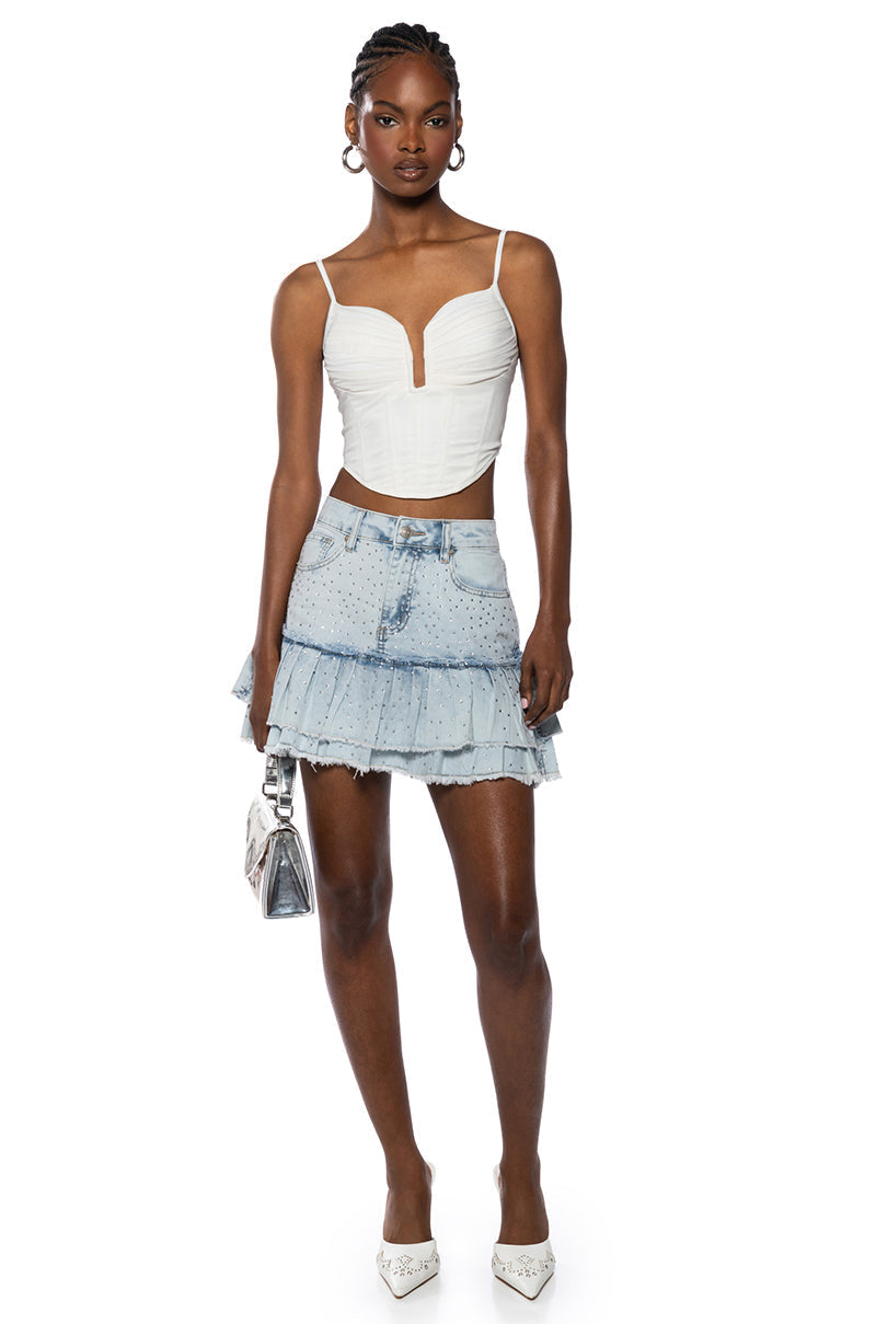 MARDIE RHINESTONE EMBELLISHED RUFFLE DENIM MINI SKIRT