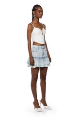 MARDIE RHINESTONE EMBELLISHED RUFFLE DENIM MINI SKIRT