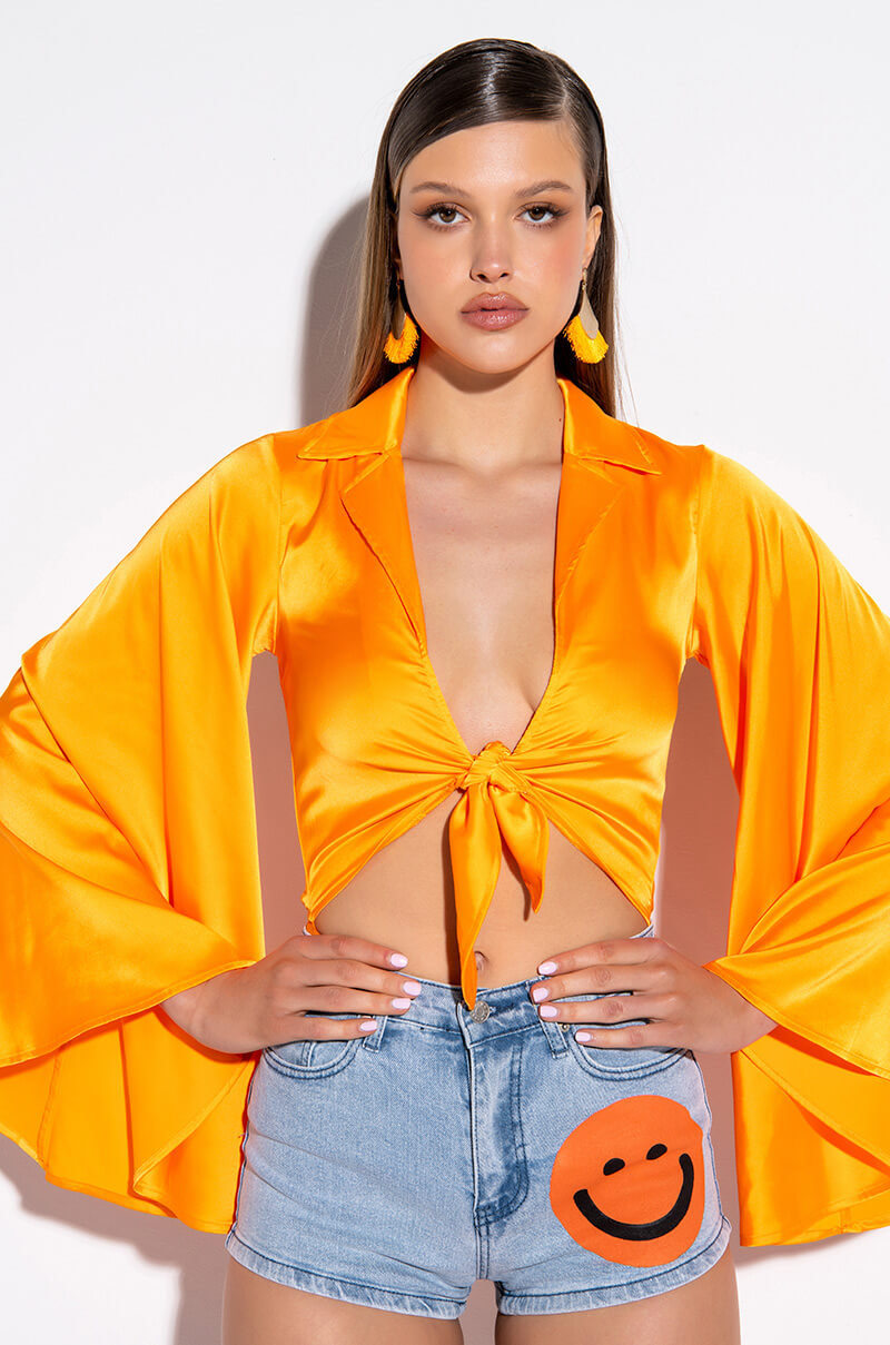 MARIPOSA TIE FRONT BUTTERFLY SLEEVE SATIN BODYSUIT