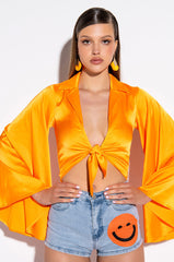 MARIPOSA TIE FRONT BUTTERFLY SLEEVE SATIN BODYSUIT