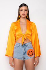 MARIPOSA TIE FRONT BUTTERFLY SLEEVE SATIN BODYSUIT