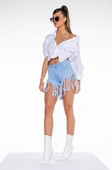 MAXI FRINGE HIGH WAISTED DENIM SHORTS